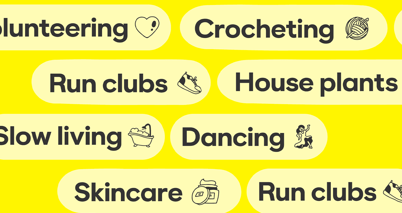 Bumble's new Interest Badges including skincare, dancing, run clubs and crocheting.